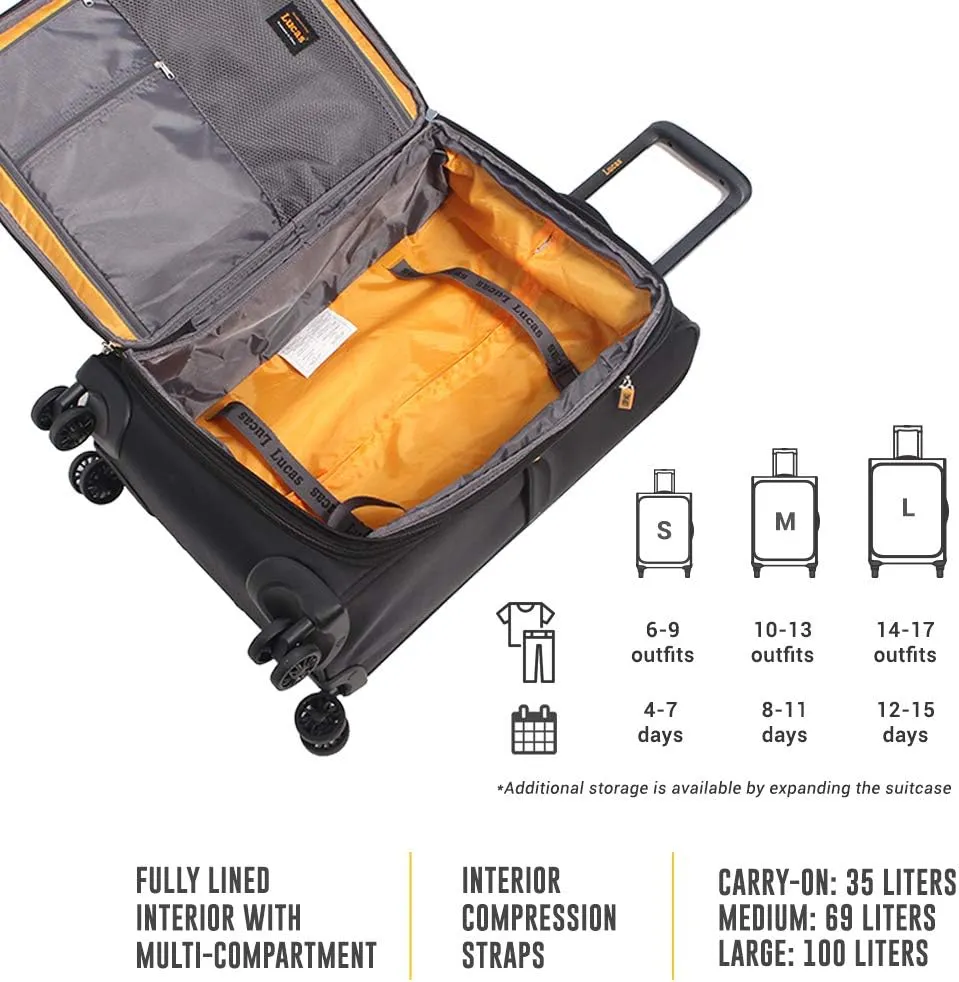 LUCAS Designer Luggage Collection - 3 Piece Softside Expandable Ultra Lightweight Spinner Suitcase Set - Travel Set includes 20 Inch Carry On, 24 Inch & 28 Inch Checked Suitcases (Black)