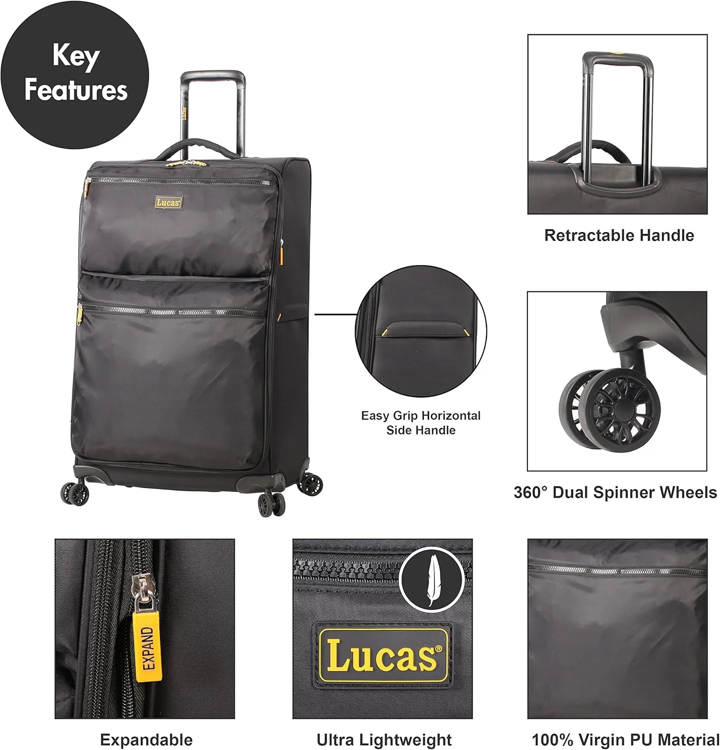 LUCAS Designer Luggage Collection - 3 Piece Softside Expandable Ultra Lightweight Spinner Suitcase Set - Travel Set includes 20 Inch Carry On, 24 Inch & 28 Inch Checked Suitcases (Black)