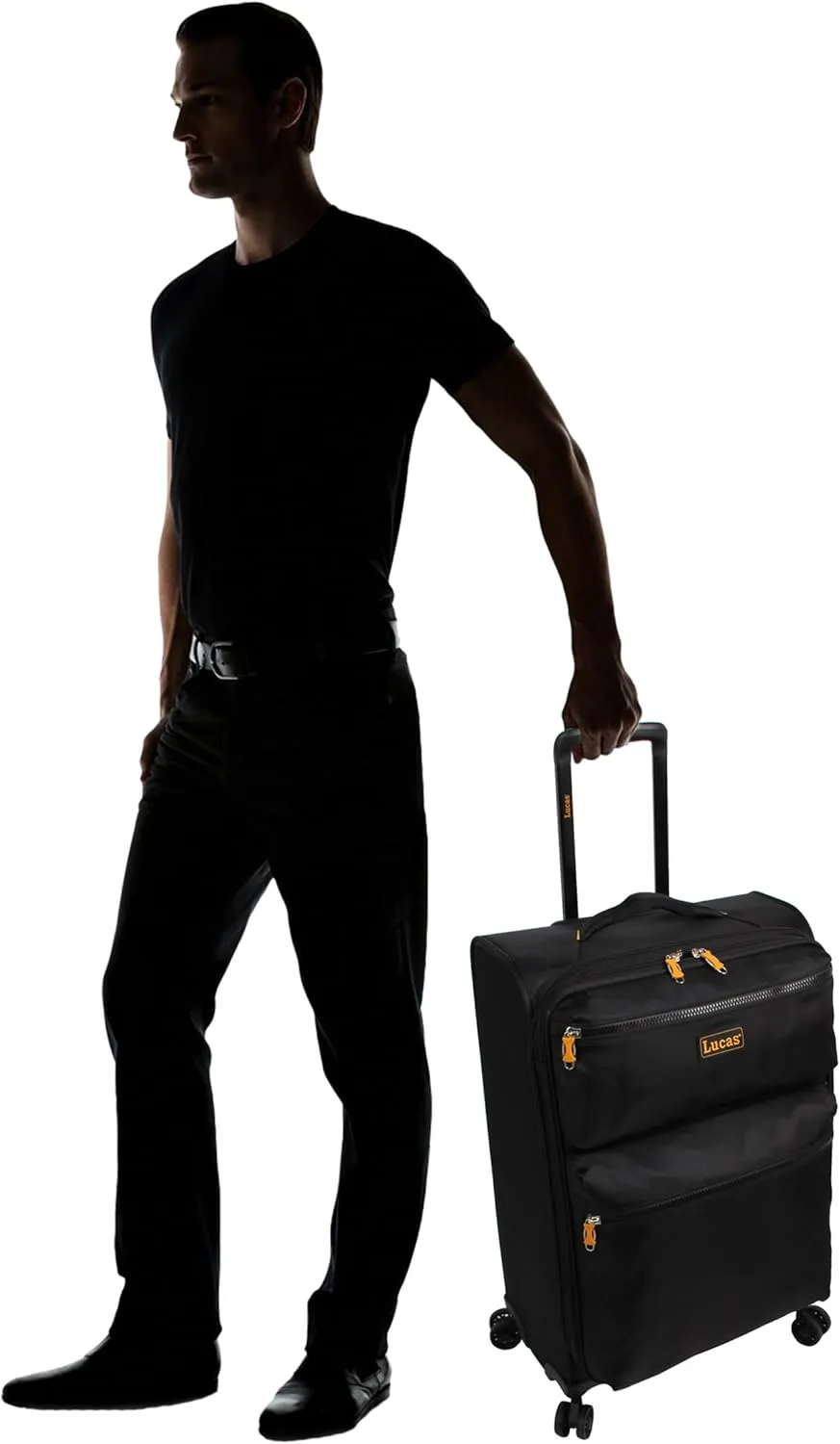 LUCAS Designer Luggage Collection - 3 Piece Softside Expandable Ultra Lightweight Spinner Suitcase Set - Travel Set includes 20 Inch Carry On, 24 Inch & 28 Inch Checked Suitcases (Black)