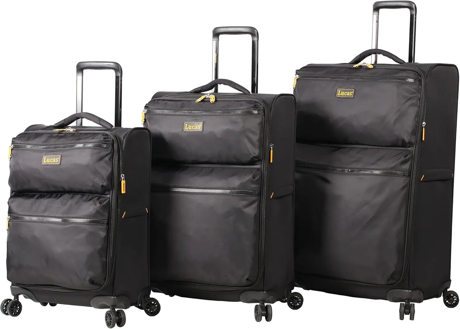 LUCAS Designer Luggage Collection - 3 Piece Softside Expandable Ultra Lightweight Spinner Suitcase Set - Travel Set includes 20 Inch Carry On, 24 Inch & 28 Inch Checked Suitcases (Black)