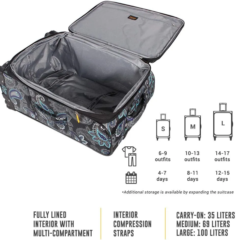 LUCAS Designer Luggage Collection - 3 Piece Softside Expandable Ultra Lightweight Spinner Suitcase Set - Travel Set includes 20 Inch Carry On, 24 Inch & 28 Inch Checked Suitcases (Diva)