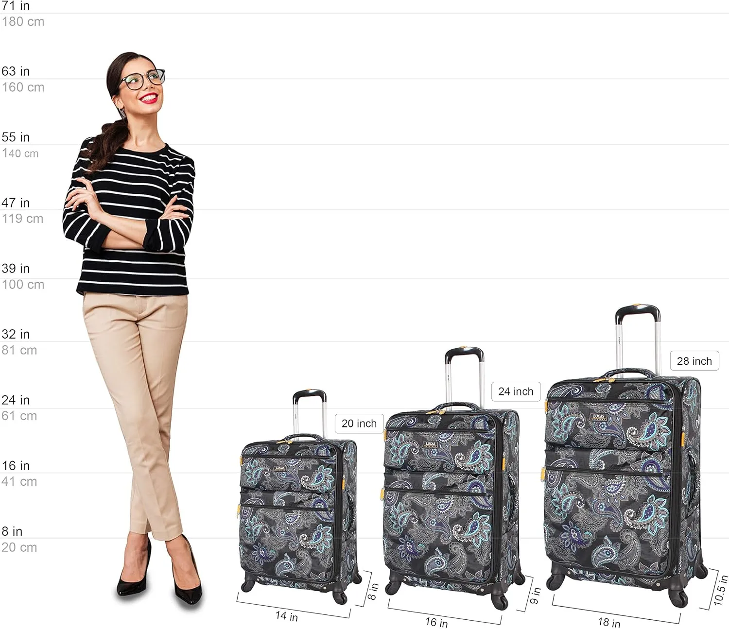 LUCAS Designer Luggage Collection - 3 Piece Softside Expandable Ultra Lightweight Spinner Suitcase Set - Travel Set includes 20 Inch Carry On, 24 Inch & 28 Inch Checked Suitcases (Diva)