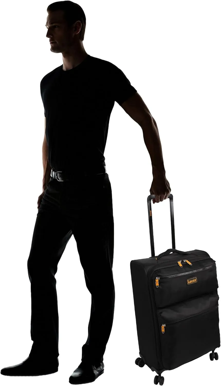 Lucas Designer Luggage Collection - Expandable 24 Inch Softside Bag - Durable Mid-sized Ultra Lightweight Checked Suitcase with 8-Rolling Spinner Wheels (Black)