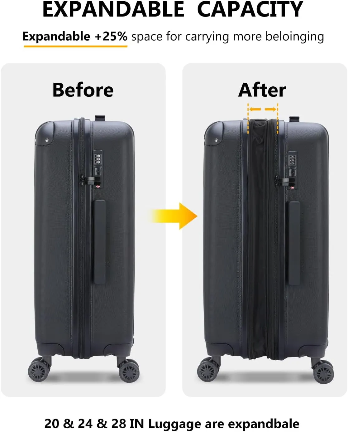 Luggage Sets 3 Pieces Expandable with Spinner Wheels Hard Suitcases Lightweight with Wheels Travel Luggage TSA Approve (Black Suitcase Set)
