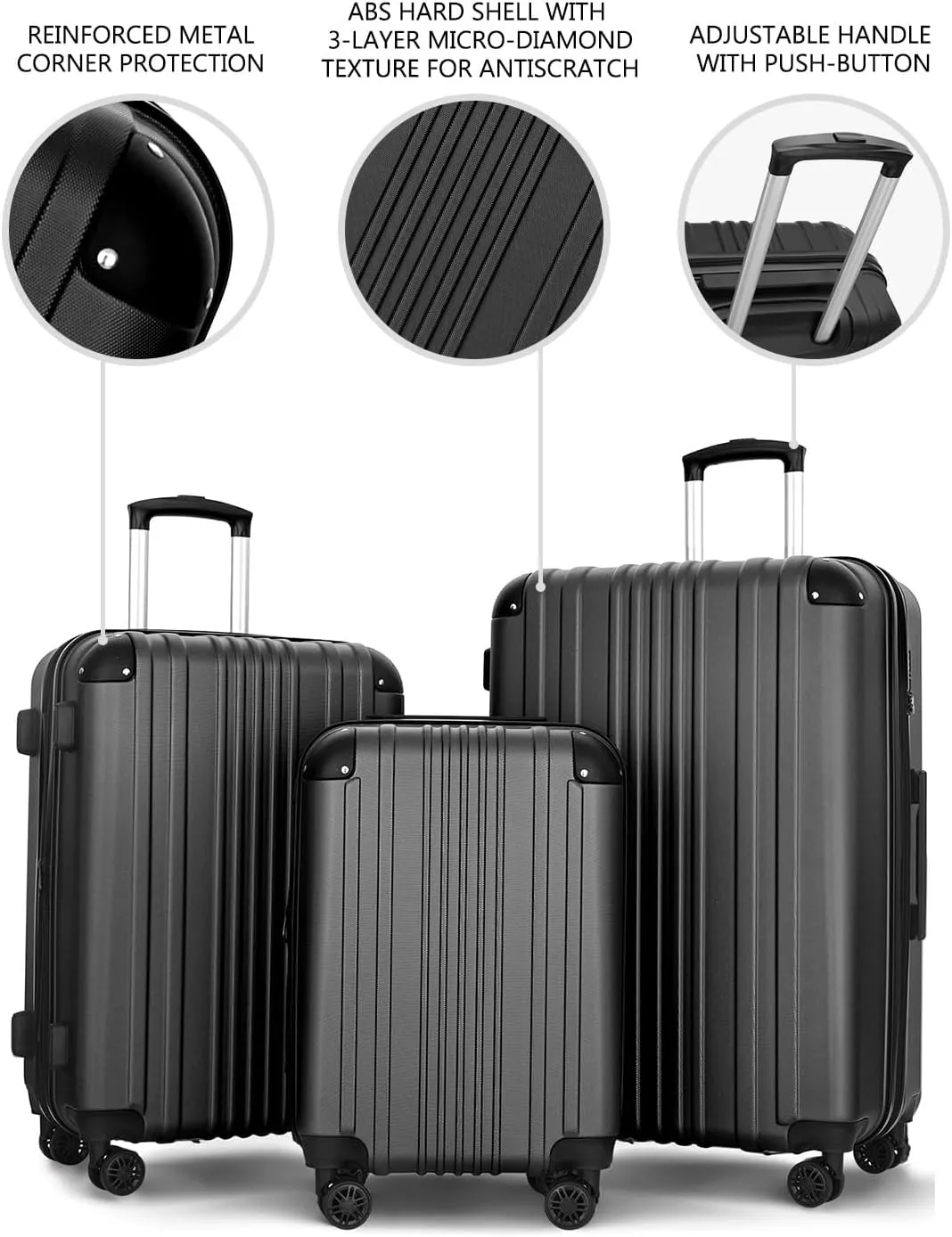 Luggage Sets 3 Pieces Expandable with Spinner Wheels Hard Suitcases Lightweight with Wheels Travel Luggage TSA Approve (Black Suitcase Set)