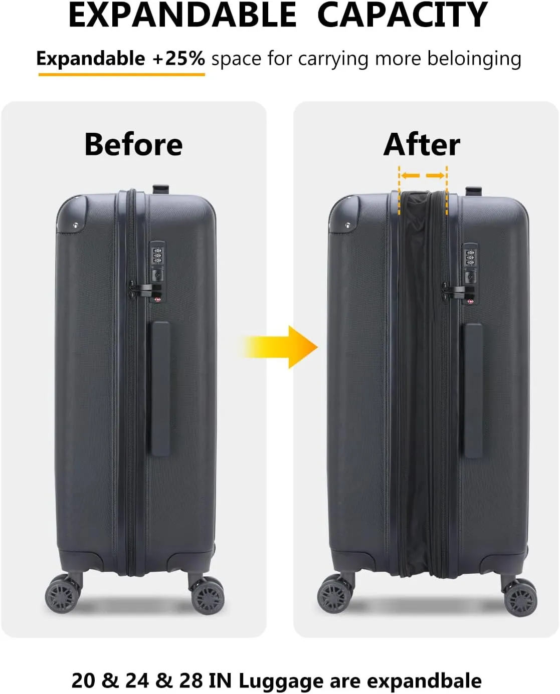 Luggage Sets 3 Pieces Expandable with Spinner Wheels Hard Suitcases Lightweight with Wheels Travel Luggage TSA Approve (Dark Gray Suitcase Set)