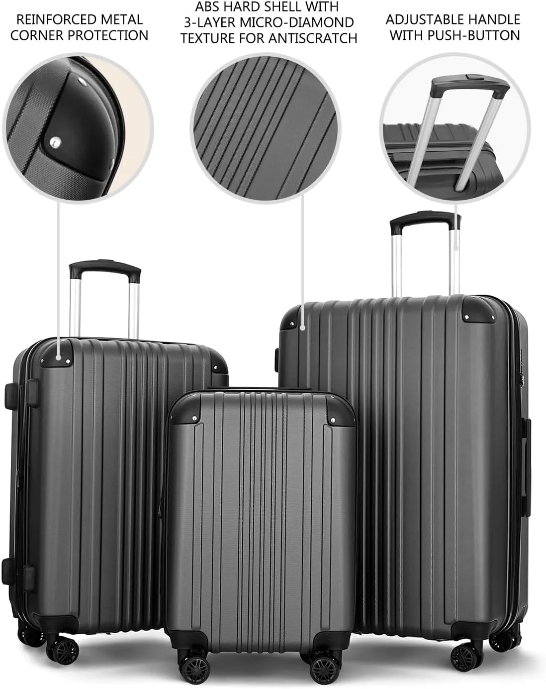 Luggage Sets 3 Pieces Expandable with Spinner Wheels Hard Suitcases Lightweight with Wheels Travel Luggage TSA Approve (Dark Gray Suitcase Set)