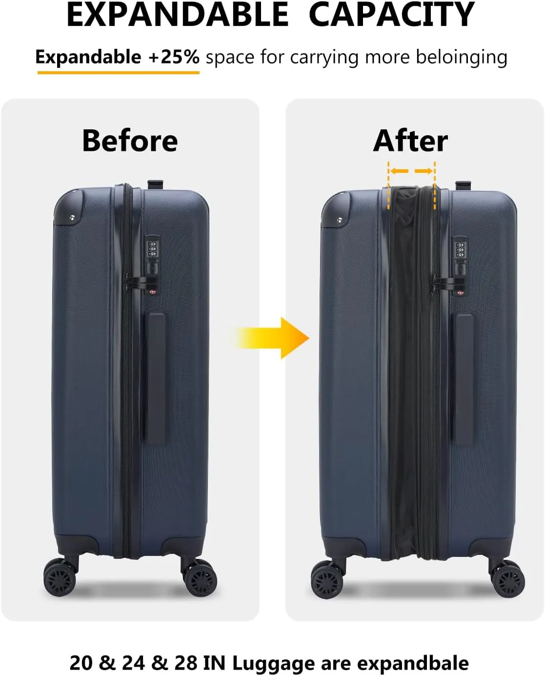 Luggage Sets 3 Pieces Expandable with Spinner Wheels Hard Suitcases Lightweight with Wheels Travel Luggage TSA Approve (Navy Suitcase Set)