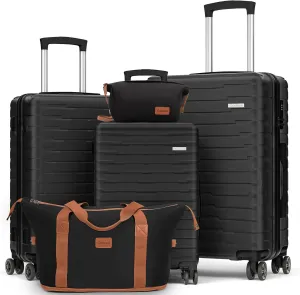 Luggage Sets 5 Piece, Suitcases with Wheels, PP Hard Case Luggage with Upgraded Shock-absorbing Spinner Wheel&TSA Lock, Carry On Luggage Set (Black, ABS 5 Piece Sets (20/24/28/DB/TB))
