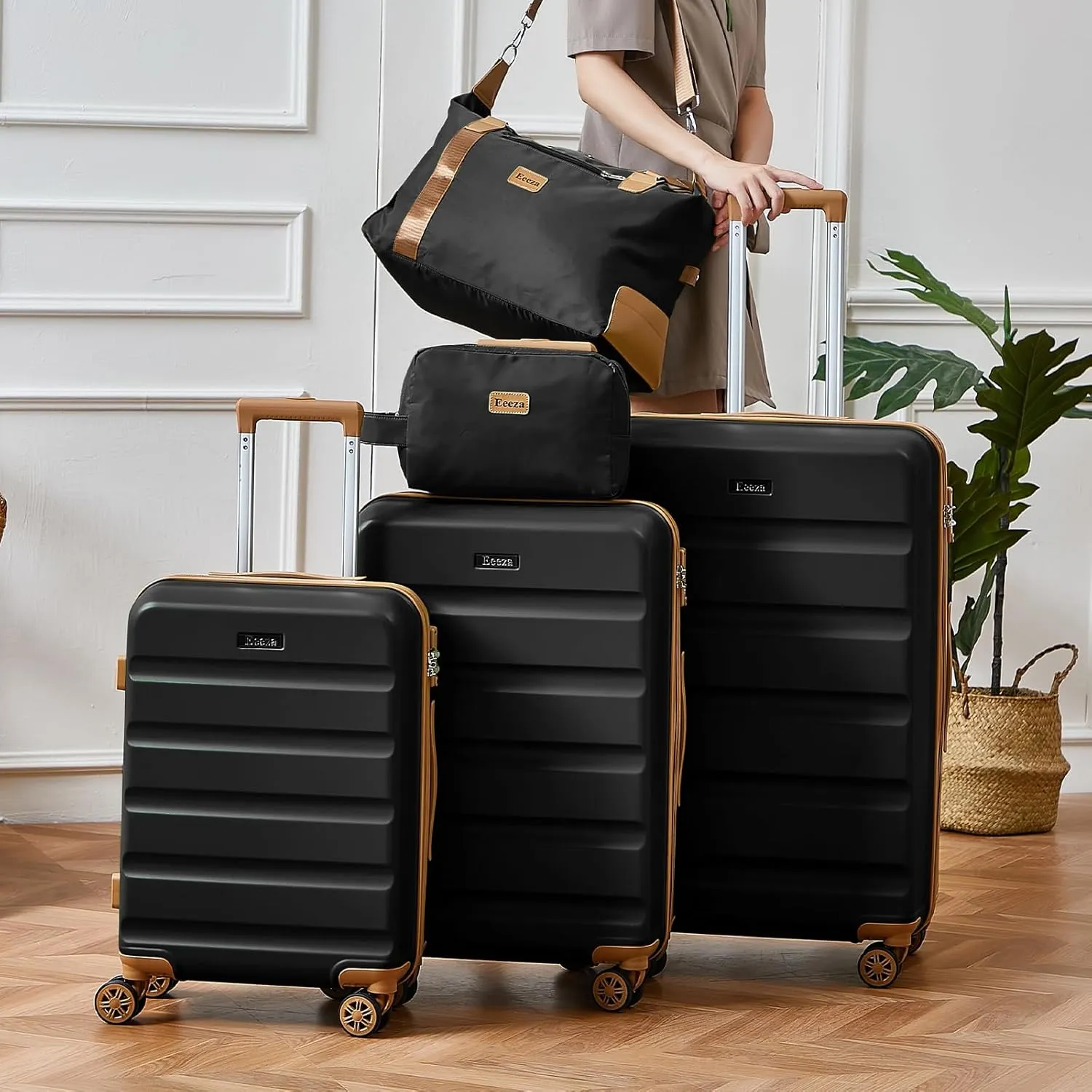 Luggage Sets 5 Piece,Hard Case Suitcase Set with Spinner Wheels,Hardshell Lightweight Travel Luggage with TSA Lock (Black,20/24/28 Inch)