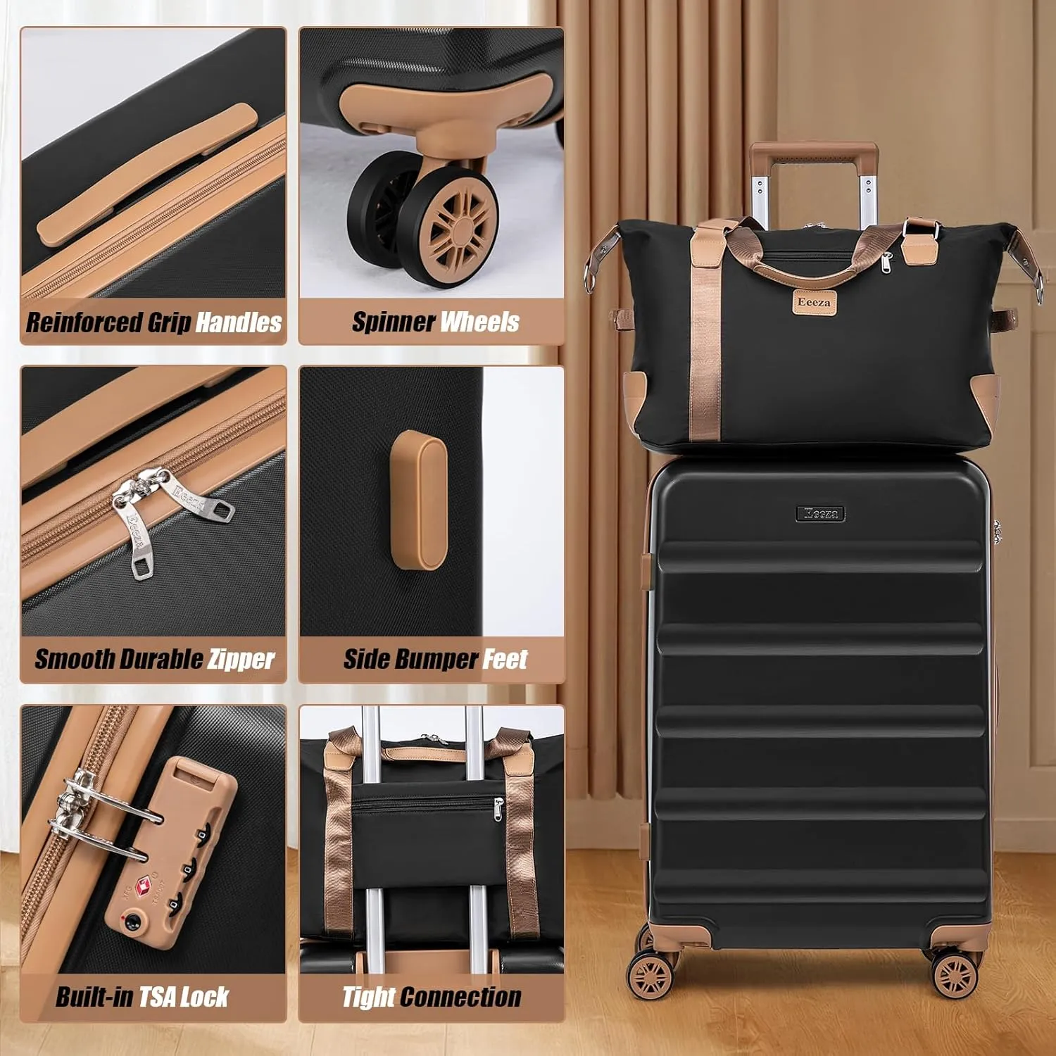 Luggage Sets 5 Piece,Hard Case Suitcase Set with Spinner Wheels,Hardshell Lightweight Travel Luggage with TSA Lock (Black,20/24/28 Inch)