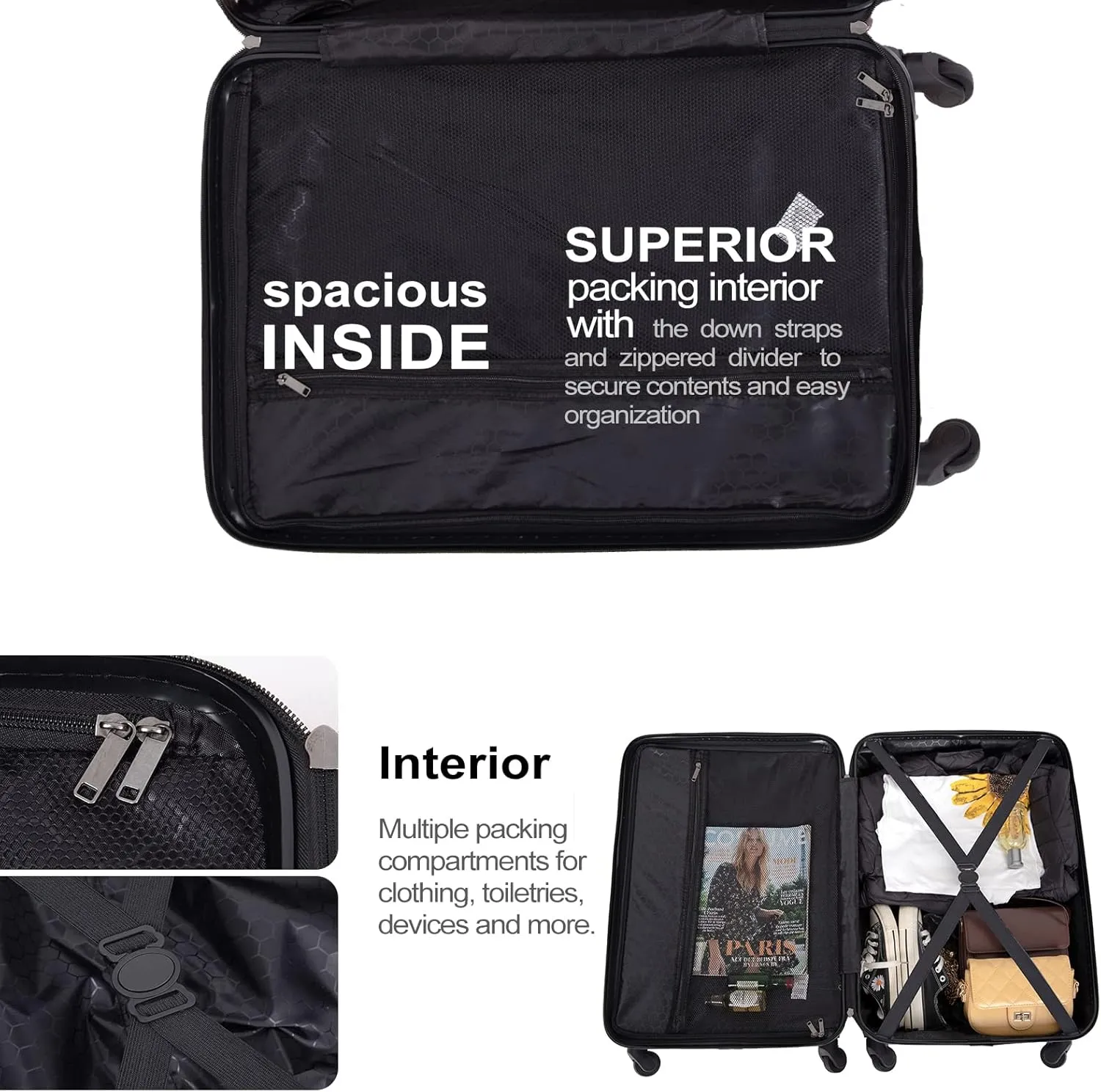 Luggage Sets Wear-Resistance Hardside Lightweight Suitcase Double Spinner Wheels, TSA Lock,Two Hooks, Scratch-resistant Carry-on,3 Piece Set(20inch 24inch 28inch) (Black-2)