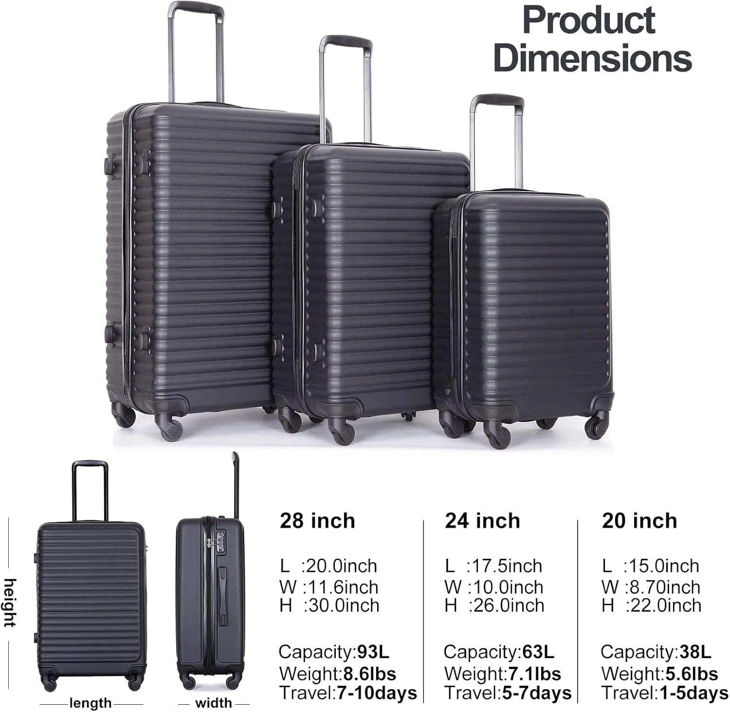 Luggage Sets Wear-Resistance Hardside Lightweight Suitcase Double Spinner Wheels, TSA Lock,Two Hooks, Scratch-resistant Carry-on,3 Piece Set(20inch 24inch 28inch) (Black-2)