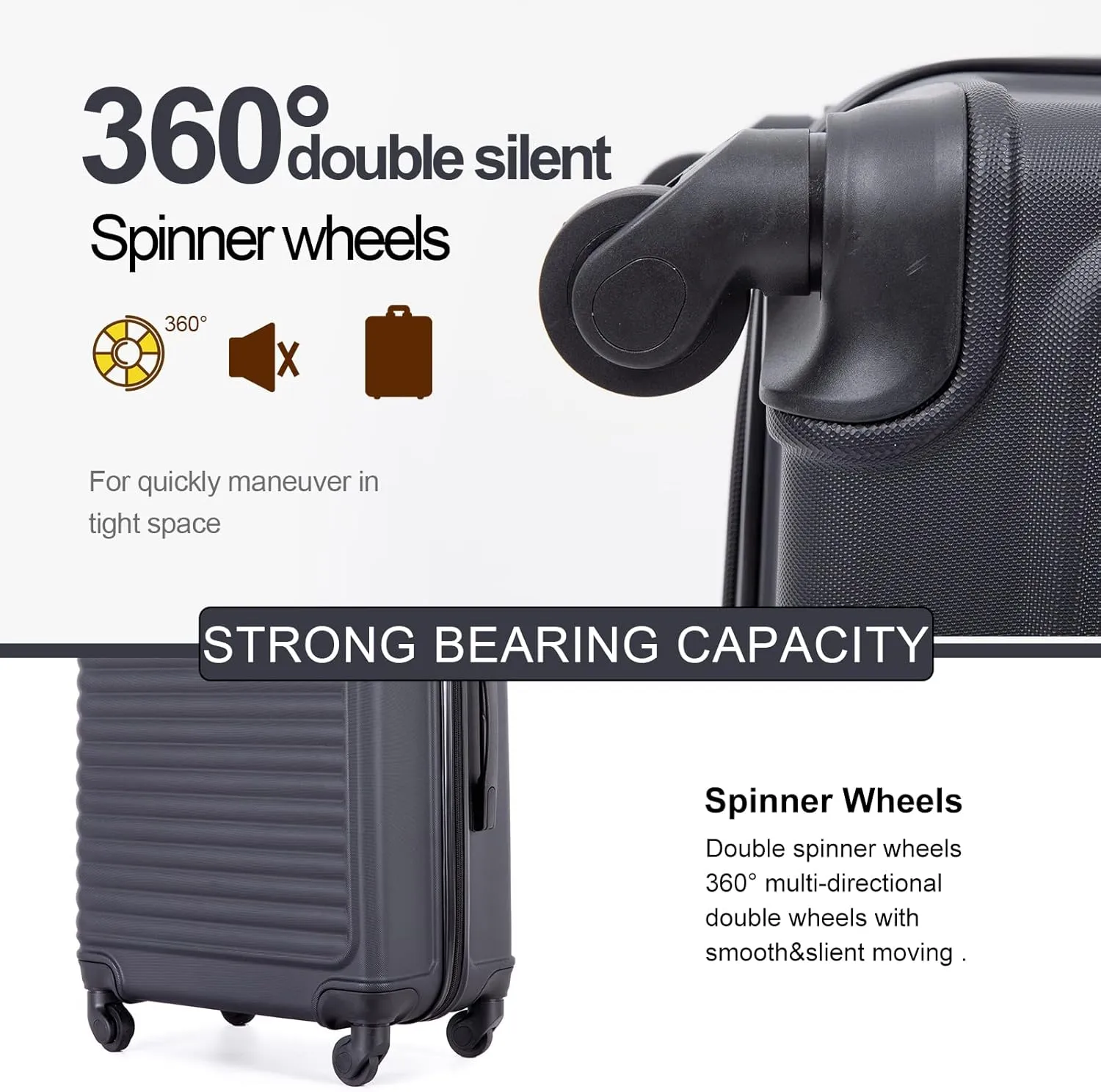Luggage Sets Wear-Resistance Hardside Lightweight Suitcase Double Spinner Wheels, TSA Lock,Two Hooks, Scratch-resistant Carry-on,3 Piece Set(20inch 24inch 28inch) (Black-2)