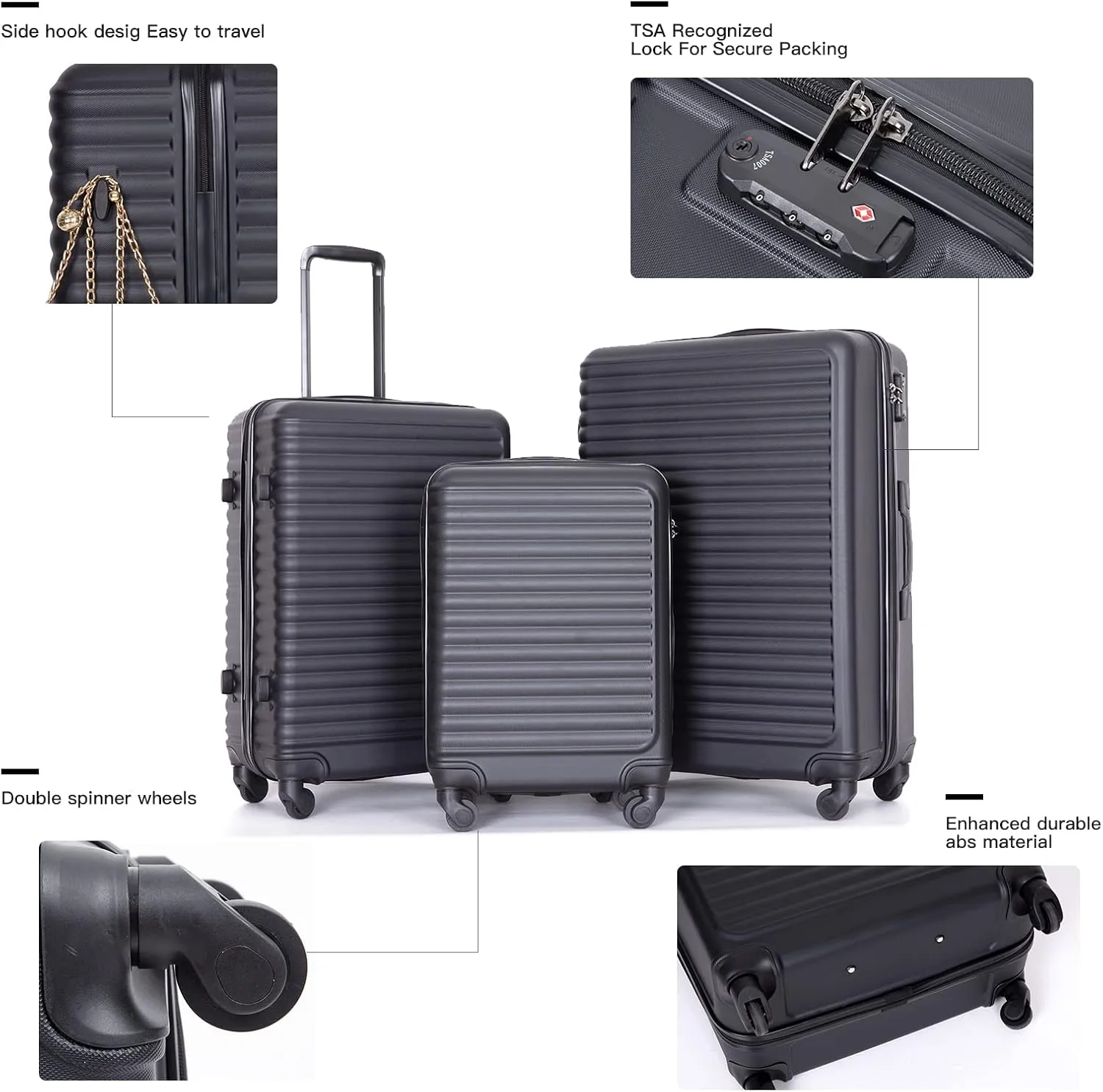 Luggage Sets Wear-Resistance Hardside Lightweight Suitcase Double Spinner Wheels, TSA Lock,Two Hooks, Scratch-resistant Carry-on,3 Piece Set(20inch 24inch 28inch) (Black-2)