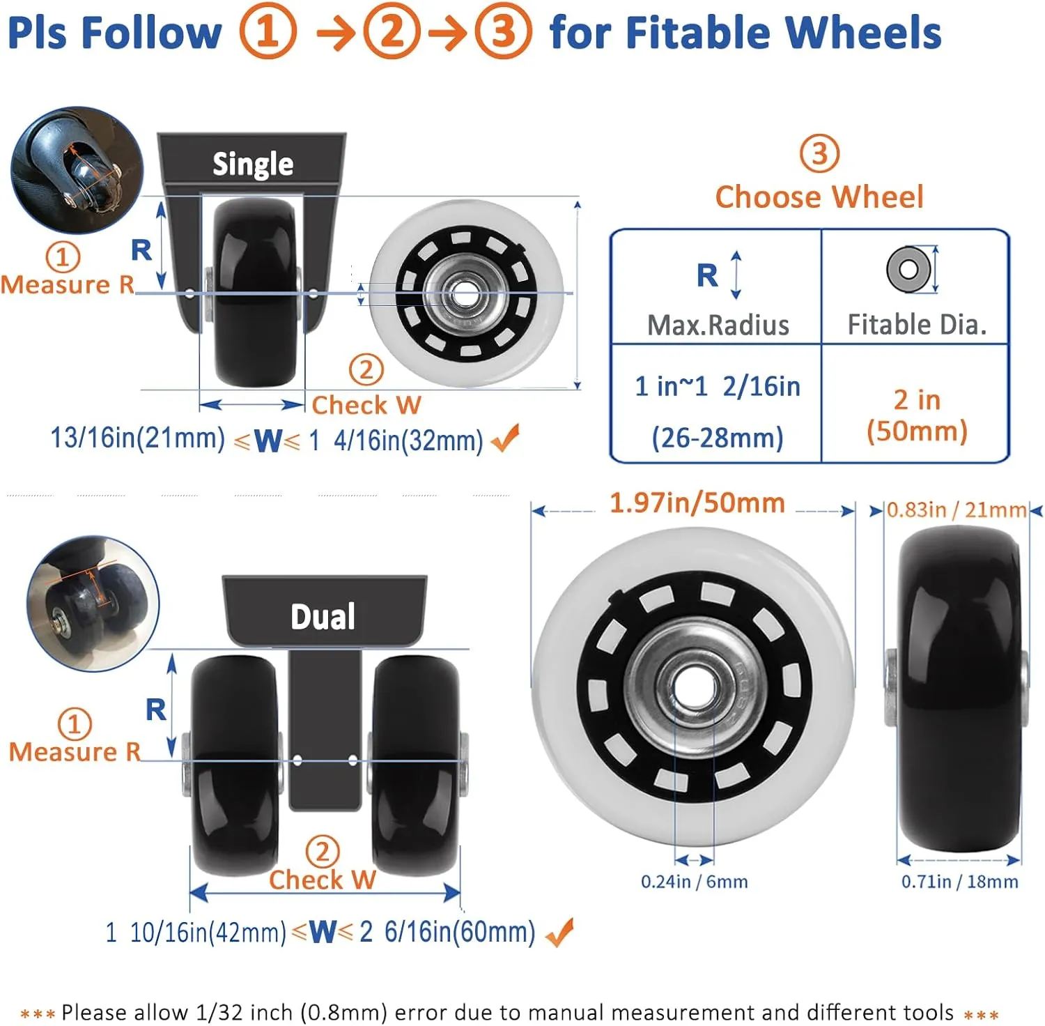 Luggage Wheels Replacement Kit, 50mm Suitcase Wheels with Screws Axles Bearings, 3 Length Axles for Suitcase and Travel Bags Caster Repair