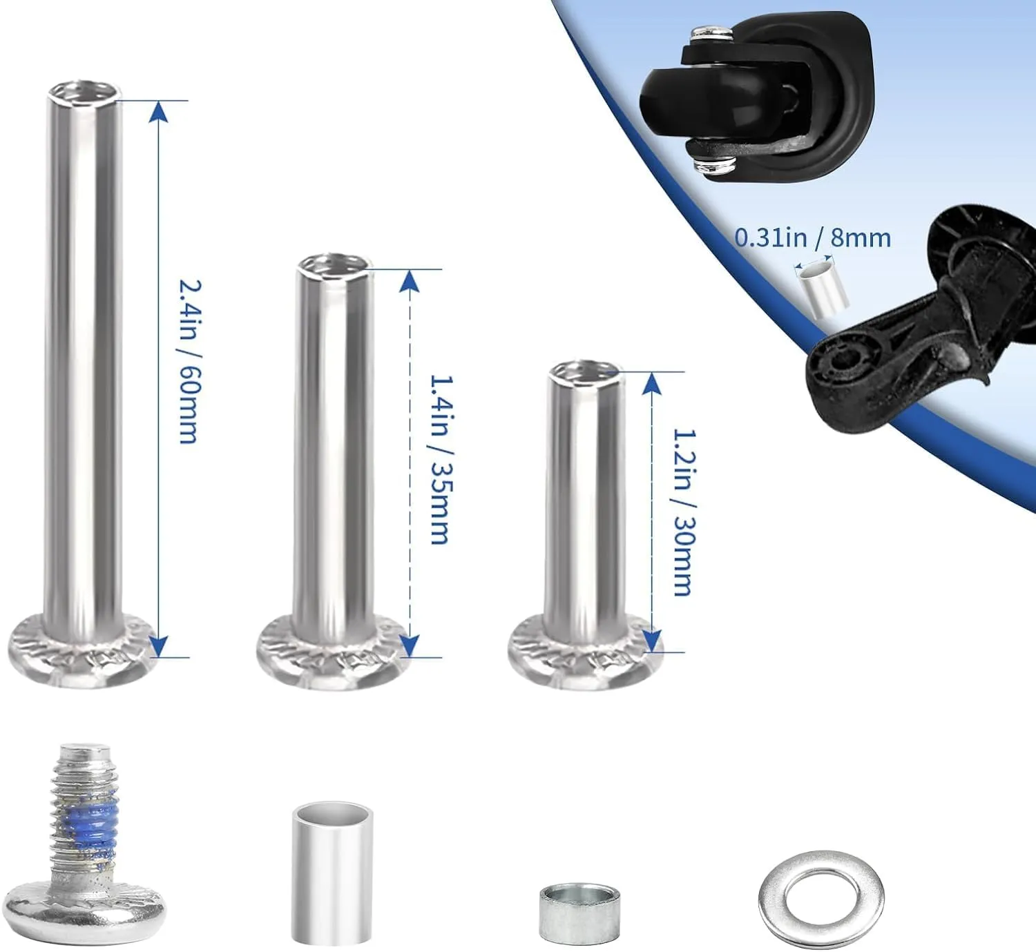 Luggage Wheels Replacement Kit, 50mm Suitcase Wheels with Screws Axles Bearings, 3 Length Axles for Suitcase and Travel Bags Caster Repair