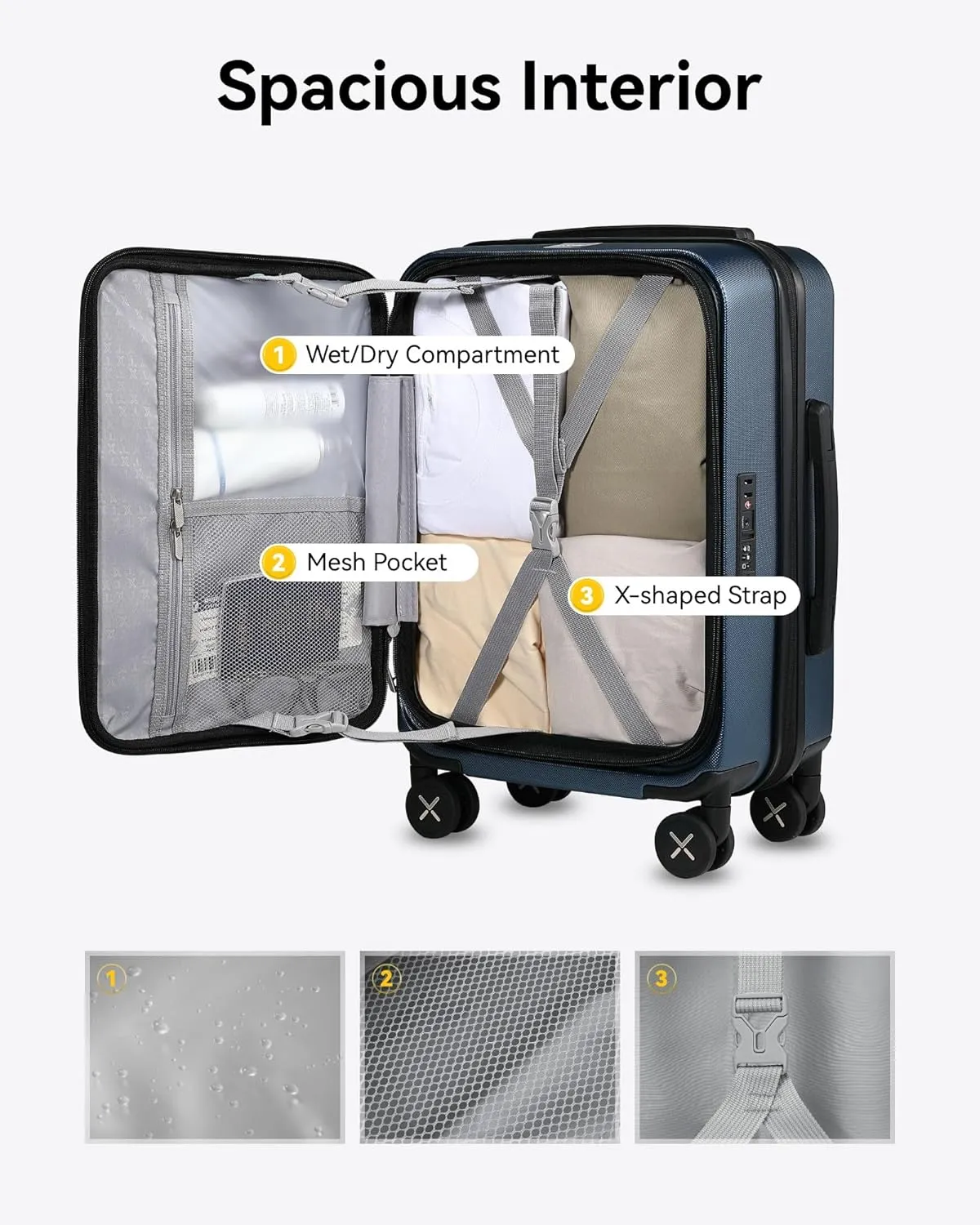 LUGGEX Carry On Luggage for Travel Front Opening, Expandable Polycarbonate Hard Shell Suitcase with Wheels for Men Women Chrismas Birthday (Blue, 19 Inch, 27.2L)