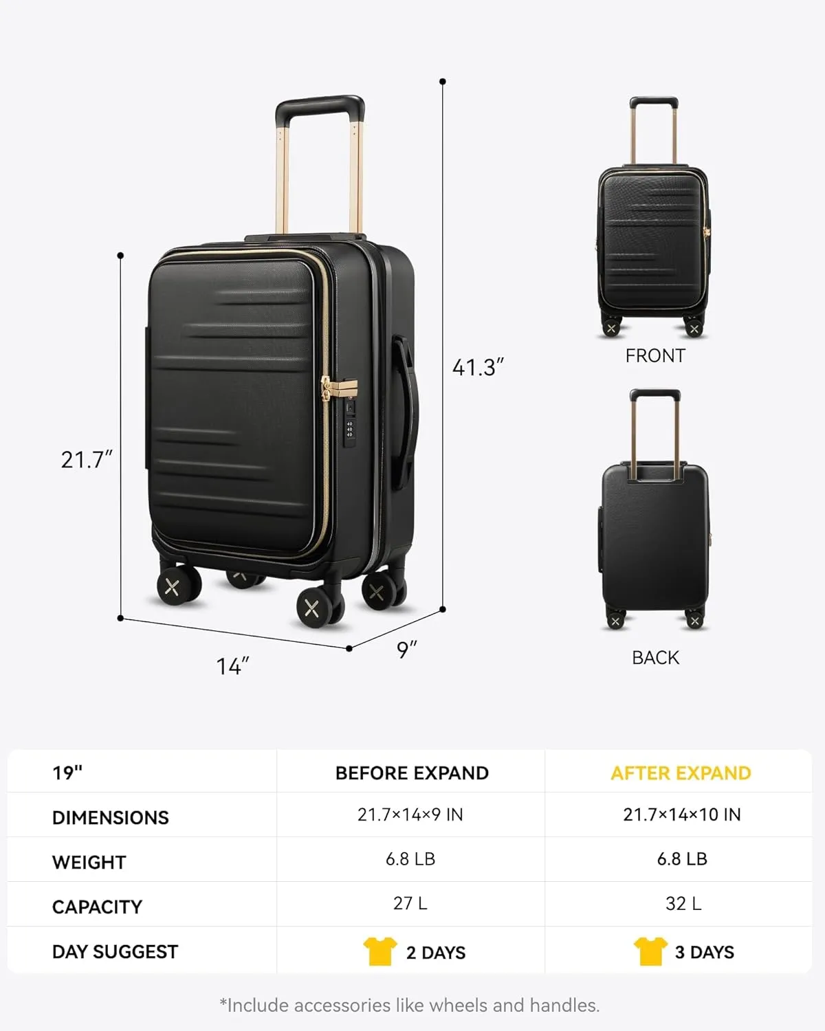 LUGGEX Carry On Luggage for Travel Front Opening, Expandable Polycarbonate Hard Shell Suitcase with Wheels for Men Women Chrismas Birthday(Black Gold, 19 Inch, 27.2L)