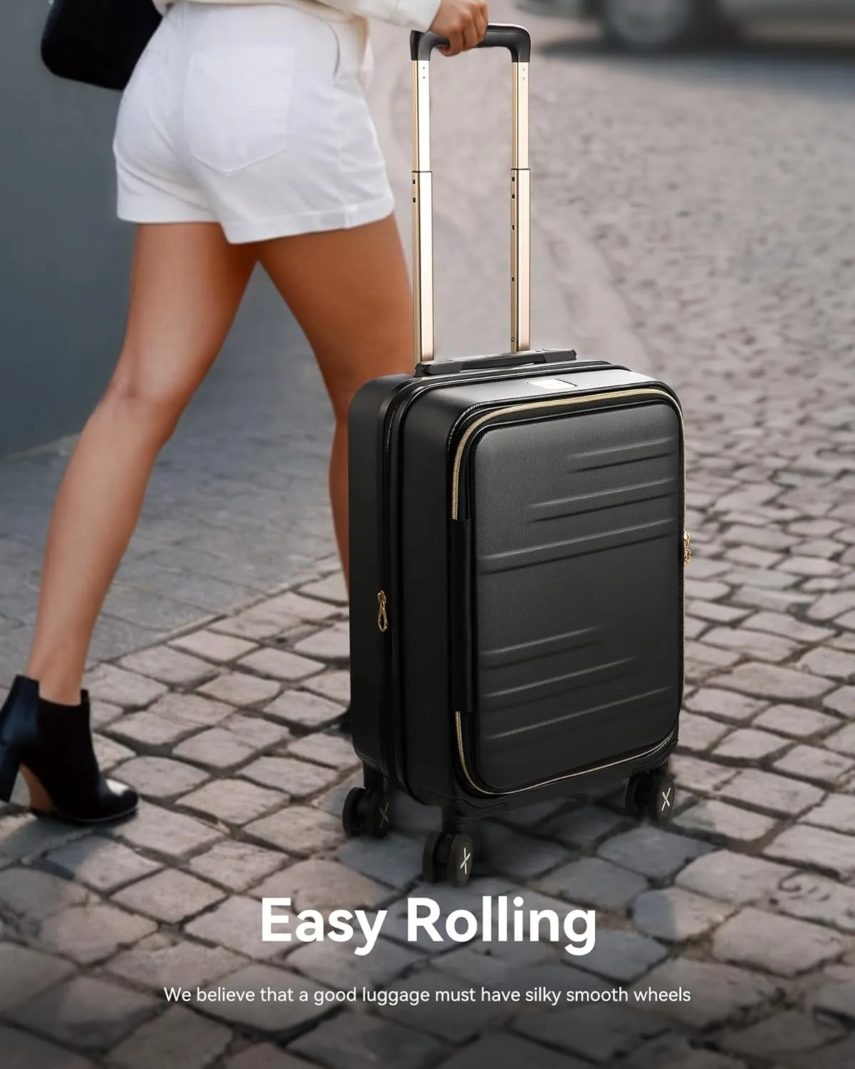 LUGGEX Carry On Luggage for Travel Front Opening, Expandable Polycarbonate Hard Shell Suitcase with Wheels for Men Women Chrismas Birthday(Black Gold, 19 Inch, 27.2L)