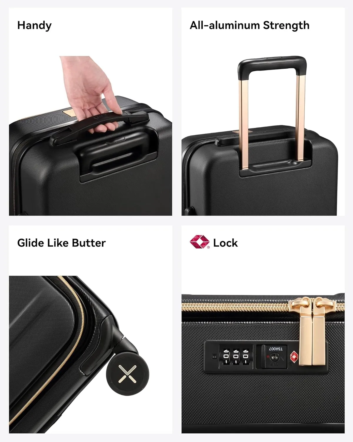 LUGGEX Carry On Luggage for Travel Front Opening, Expandable Polycarbonate Hard Shell Suitcase with Wheels for Men Women Chrismas Birthday(Black Gold, 19 Inch, 27.2L)