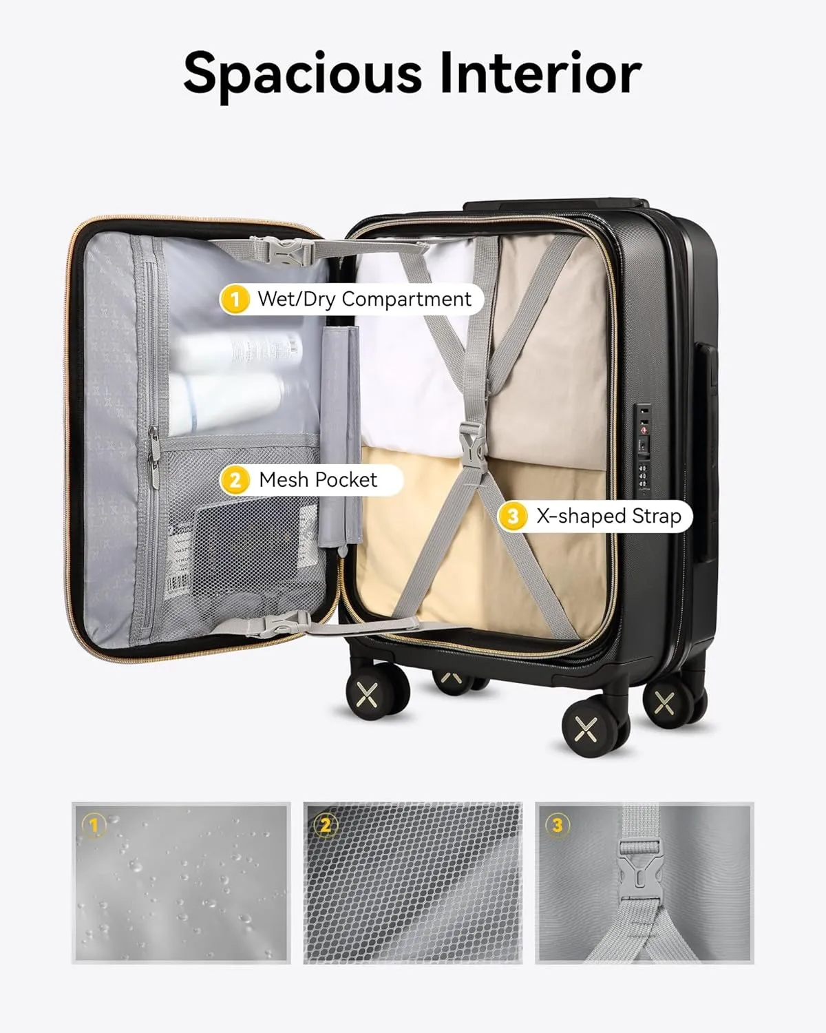 LUGGEX Carry On Luggage for Travel Front Opening, Expandable Polycarbonate Hard Shell Suitcase with Wheels for Men Women Chrismas Birthday(Black Gold, 19 Inch, 27.2L)