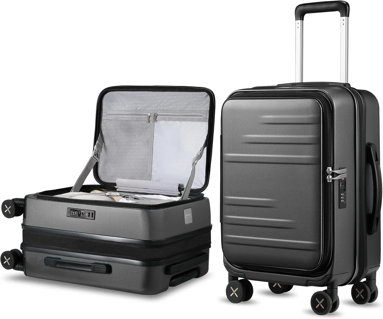 LUGGEX Carry On Luggage for Travel Front Opening, Expandable Polycarbonate Hard Shell Suitcase with Wheels for Men Women Chrismas Birthday(Charcoal Metallic, 19 Inch, 27.2L)