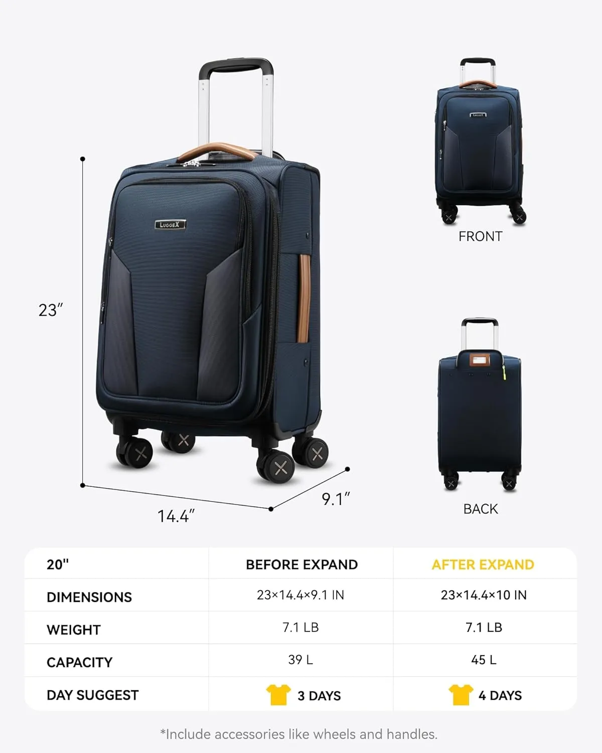 LUGGEX Carry On Luggage Suitcases with Spinner Wheels, 20 Inch Softside Expandable Rolling Suitcase for Travel, Business (Blue)