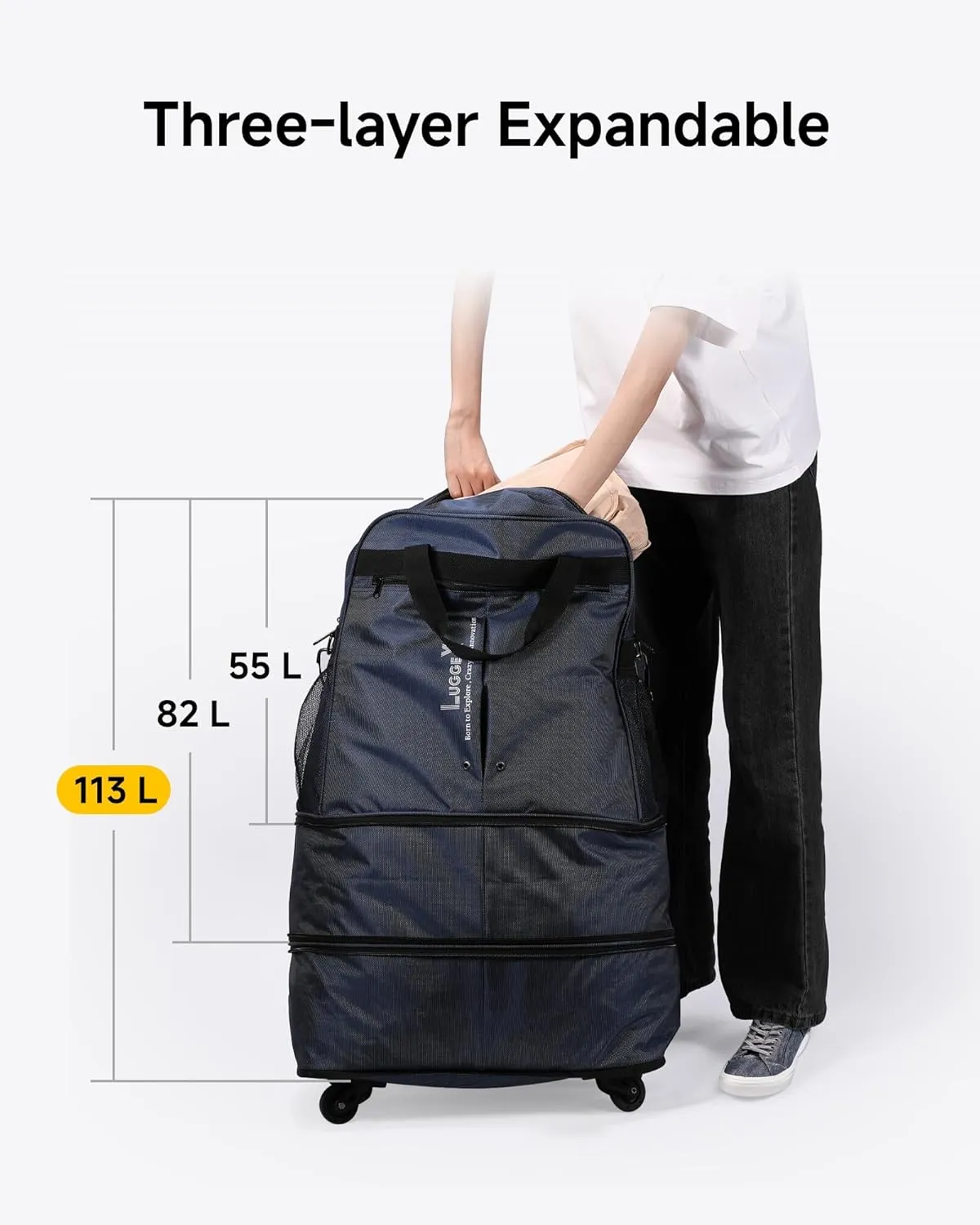 LUGGEX Suitcases with Wheels, Expandable Collapsible Luggage Rolling Travel Duffle Bag without Telescopic Handle, Foldable Large Weekender Bag for Men Women, Blue