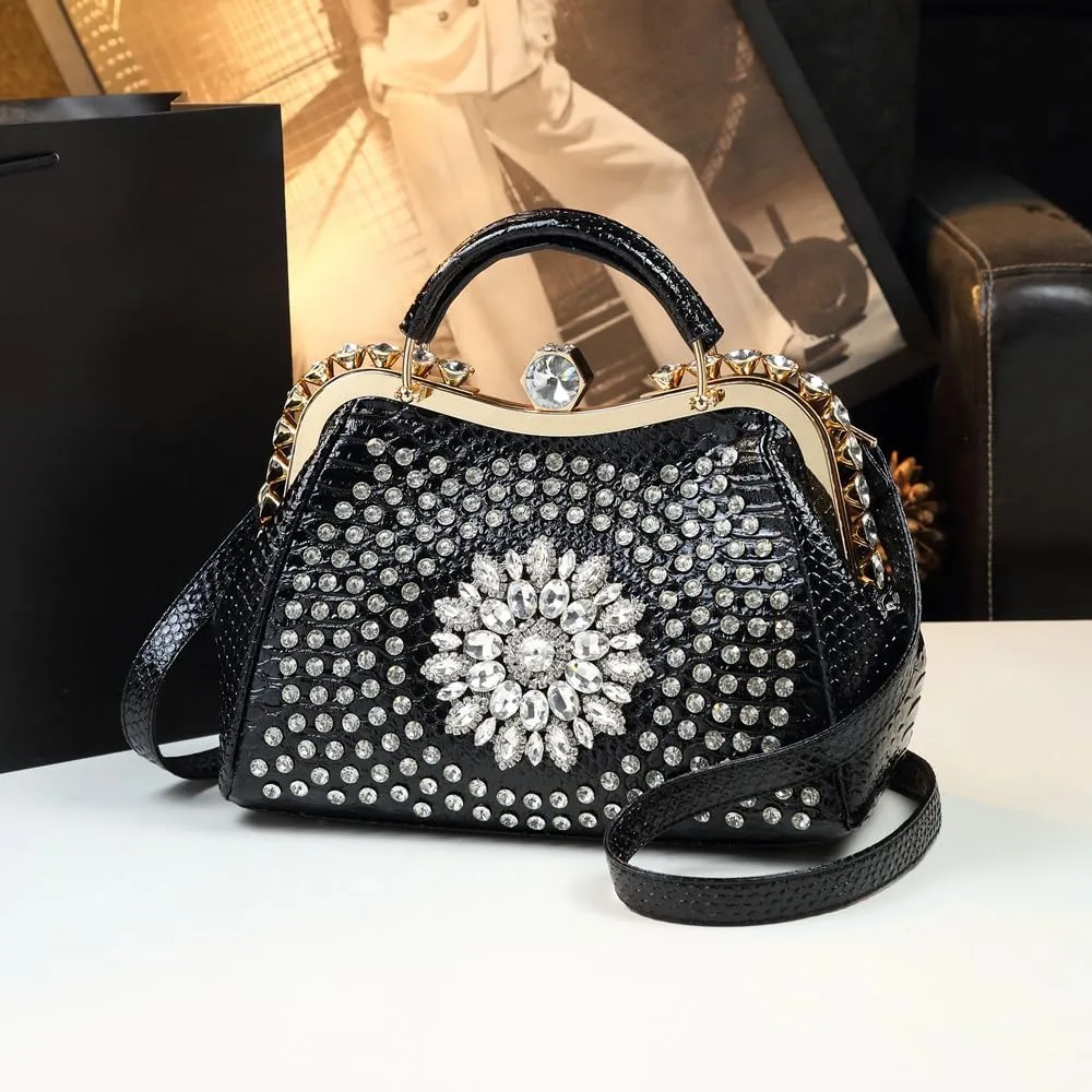 Luxury Fashion Diamonds Bag For Women Leather Top Handle Satchel Handbags Clip Rhinestone Purses Tote Shoulder Crossbody Bags