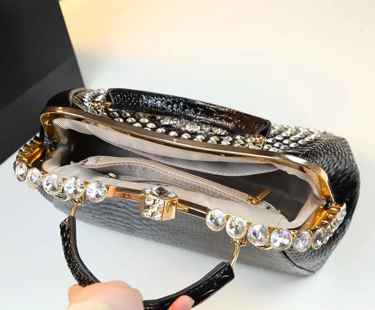 Luxury Fashion Diamonds Bag For Women Leather Top Handle Satchel Handbags Clip Rhinestone Purses Tote Shoulder Crossbody Bags