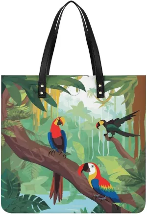 Macaw And Toucan Perching of American Rainforests Leather Tote Handbag Top Handle Ladies Shoulder Bags Large Travel Messenger Gym Totes Work Bags Tote Bag for Women