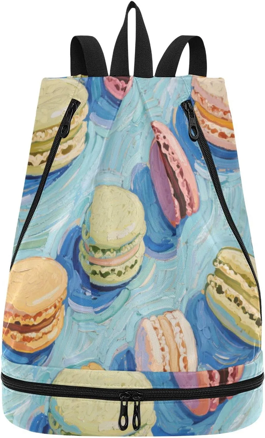 Macron food blue art painting Drawstring gym bags hiking bag for women with Wet Dry Compartments