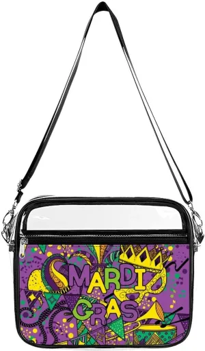 Mardi And Gras Carnival Mask Large Crossbody Bag Clear Stadium Bag Anti-Theft Side Shoulder Bags Messenger Bag with 2 Compartments