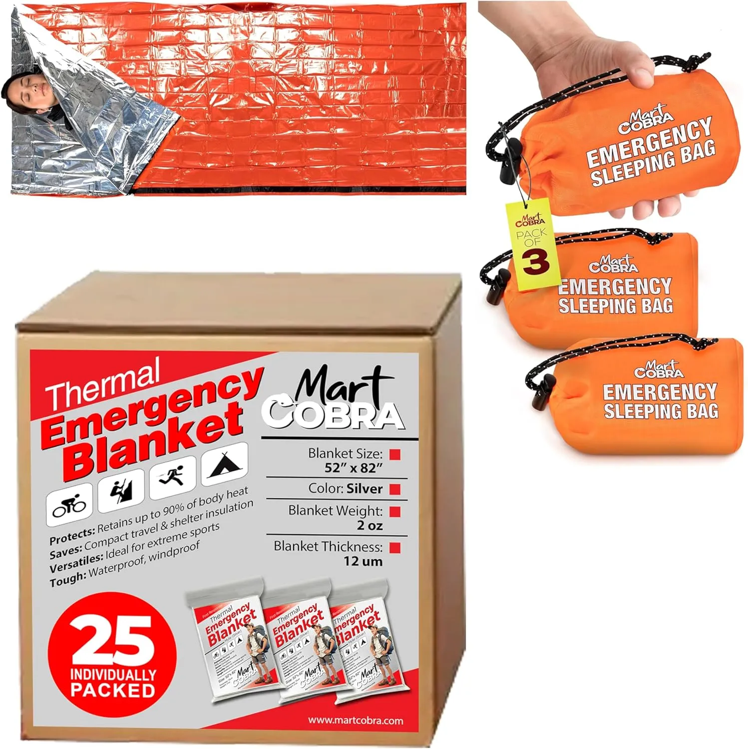 Mart Cobra Emergency Blanket 25-Pack & Emergency Sleeping Bag x3 Emergency Survival Blanket & Life Bivy Sack Survival Gear & Camping Supplies Thermal Reusable Mylar Emergency Supplies Car Bug Out Bag