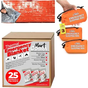 Mart Cobra Emergency Blanket 25-Pack & Emergency Sleeping Bag x3 Emergency Survival Blanket & Life Bivy Sack Survival Gear & Camping Supplies Thermal Reusable Mylar Emergency Supplies Car Bug Out Bag