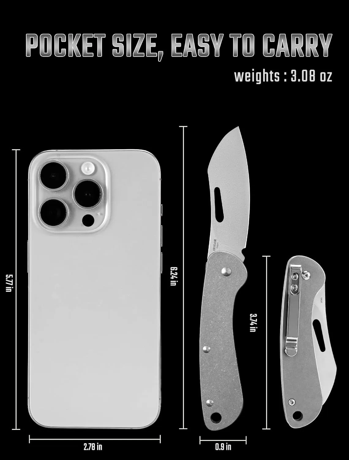 MecArmy EK3R Folding Pocket Knife, Handmade Swedish SANDVIK 12C27 Steel Blade, Small EDC Knife with Stainless Steel Handle Pocket Clip for Men Women, Sharp Camping Hiking Knife (Stonewashed)