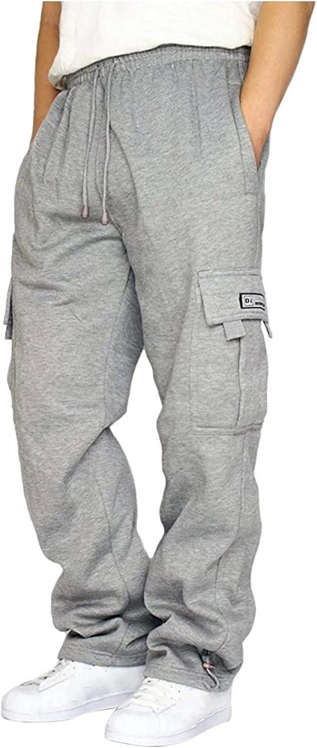 Men's Cargo Sweatpants Open Bottom Fleece Hiking Jogger Cargo Sweatpants for Men with Pockets