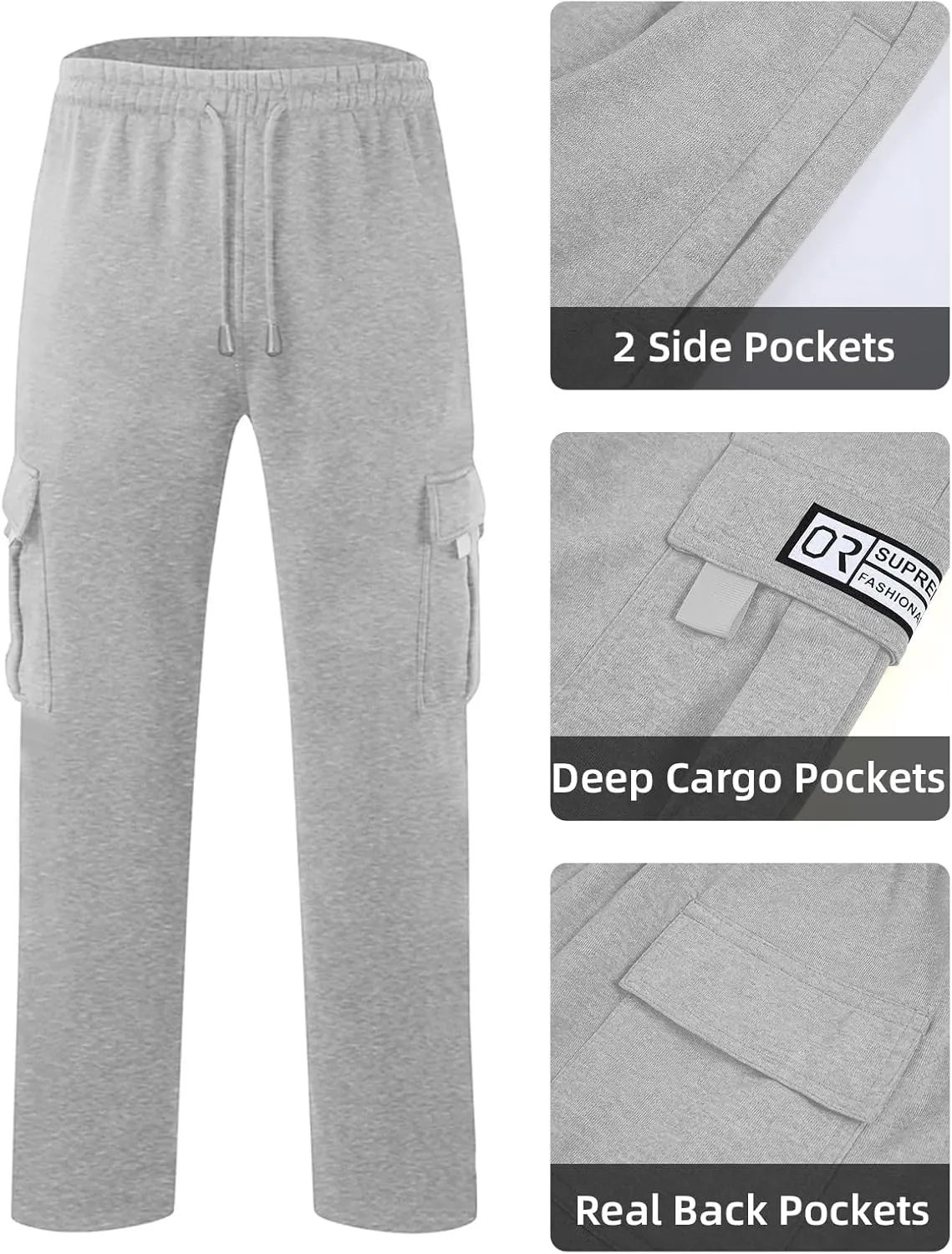 Men's Cargo Sweatpants Open Bottom Fleece Hiking Jogger Cargo Sweatpants for Men with Pockets