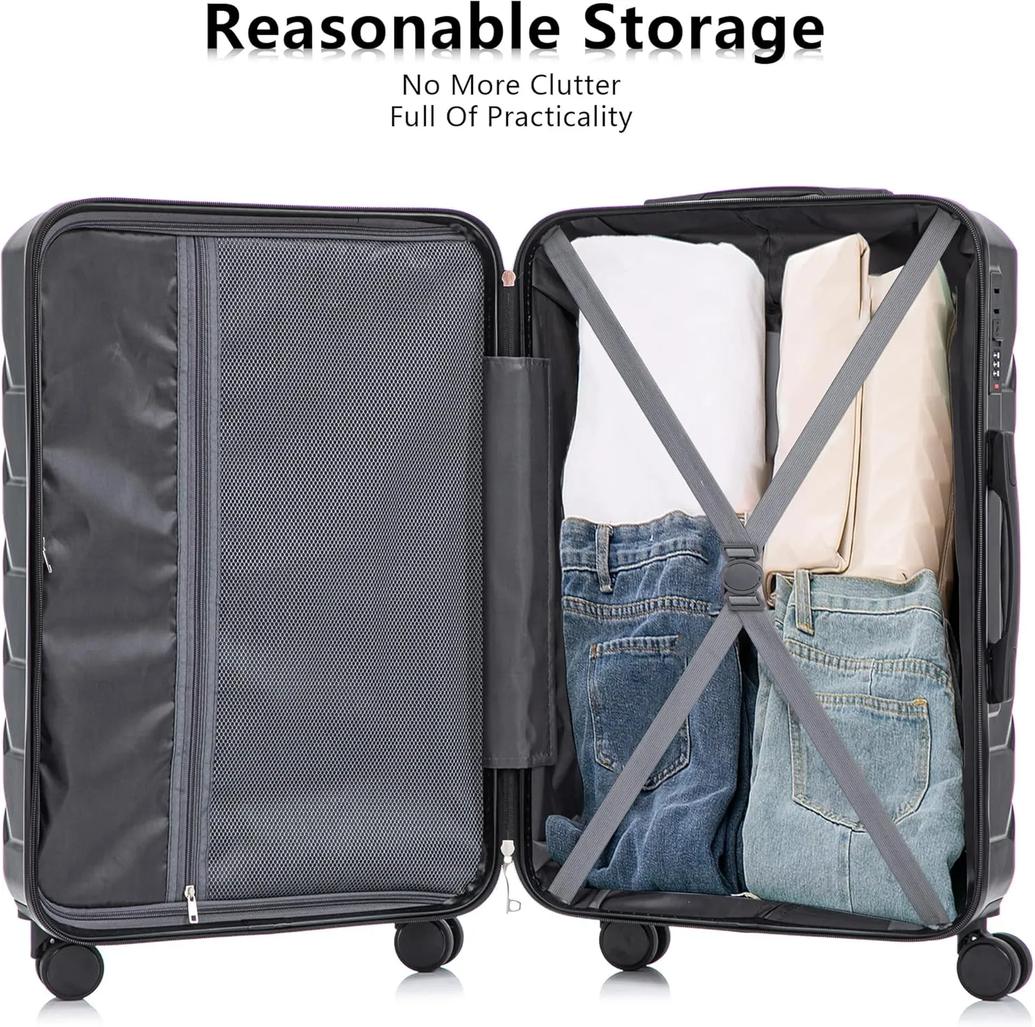 Merax 3 Luggage Sets, ABS Durable Lightweight Suitcase Spinner Wheels with Combination Lock, Black Horizontal Stripe, 20/24/28 Inch