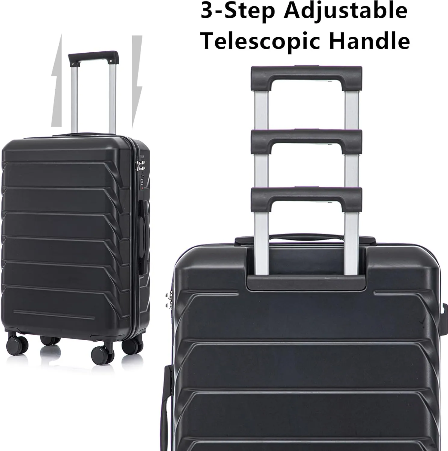 Merax 3 Luggage Sets, ABS Durable Lightweight Suitcase Spinner Wheels with Combination Lock, Black Horizontal Stripe, 20/24/28 Inch