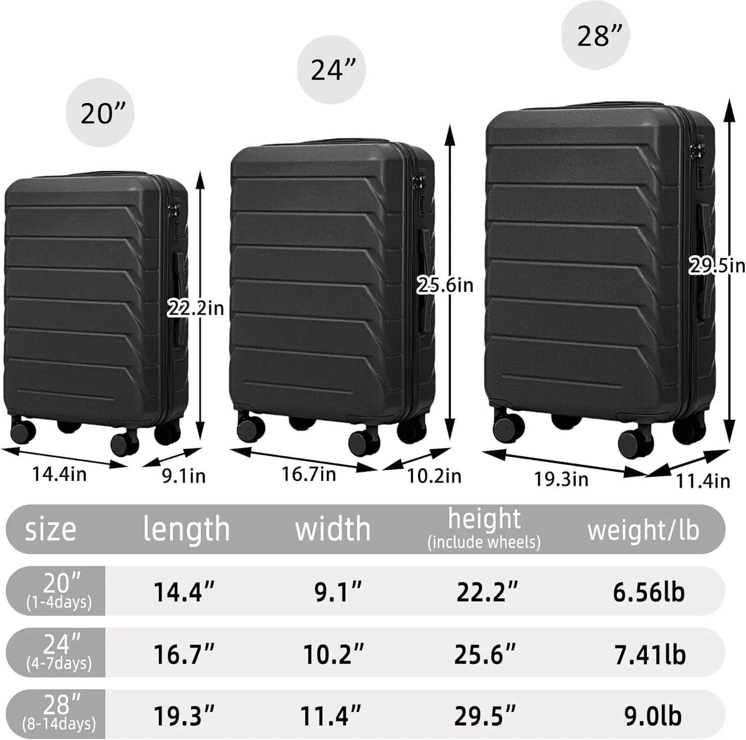 Merax 3 Luggage Sets, ABS Durable Lightweight Suitcase Spinner Wheels with Combination Lock, Black Horizontal Stripe, 20/24/28 Inch