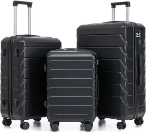 Merax 3 Luggage Sets, ABS Durable Lightweight Suitcase Spinner Wheels with Combination Lock, Black Horizontal Stripe, 20/24/28 Inch