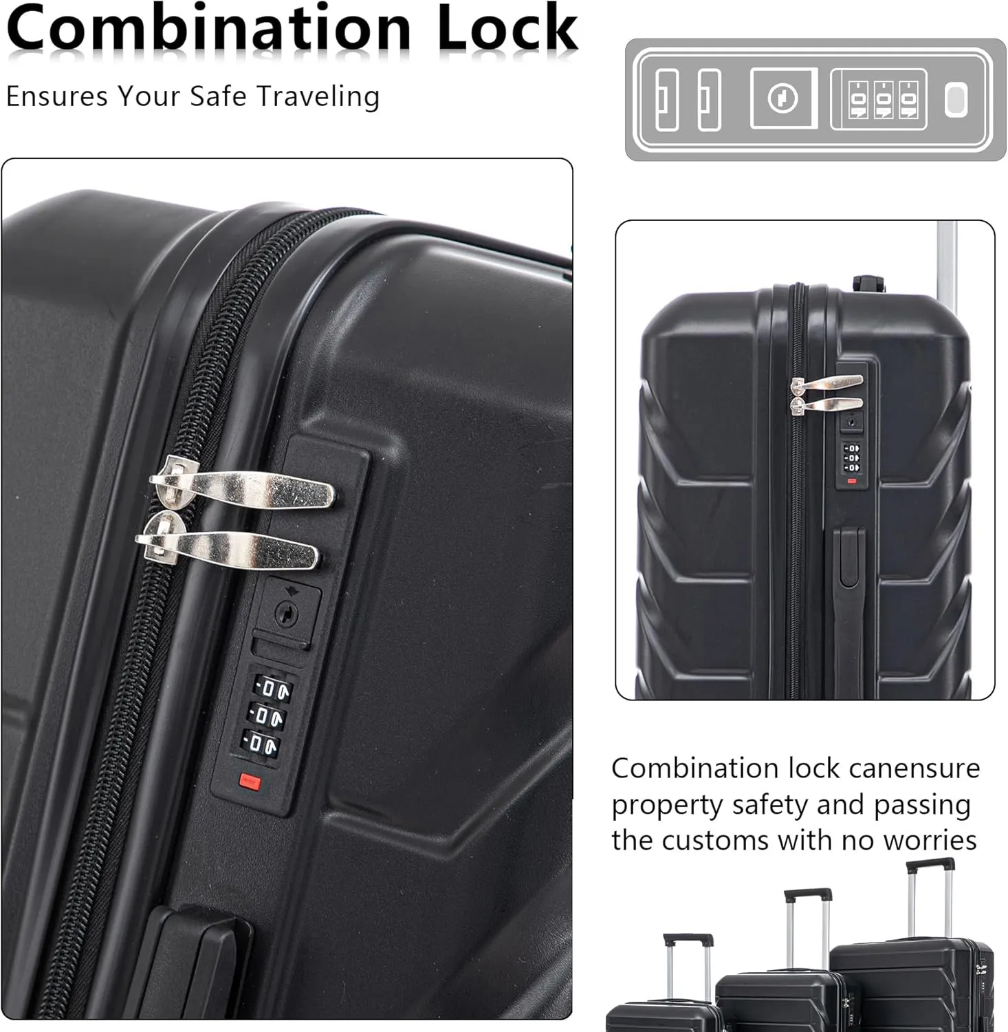 Merax 3 Luggage Sets, ABS Durable Lightweight Suitcase Spinner Wheels with Combination Lock, Black Horizontal Stripe, 20/24/28 Inch