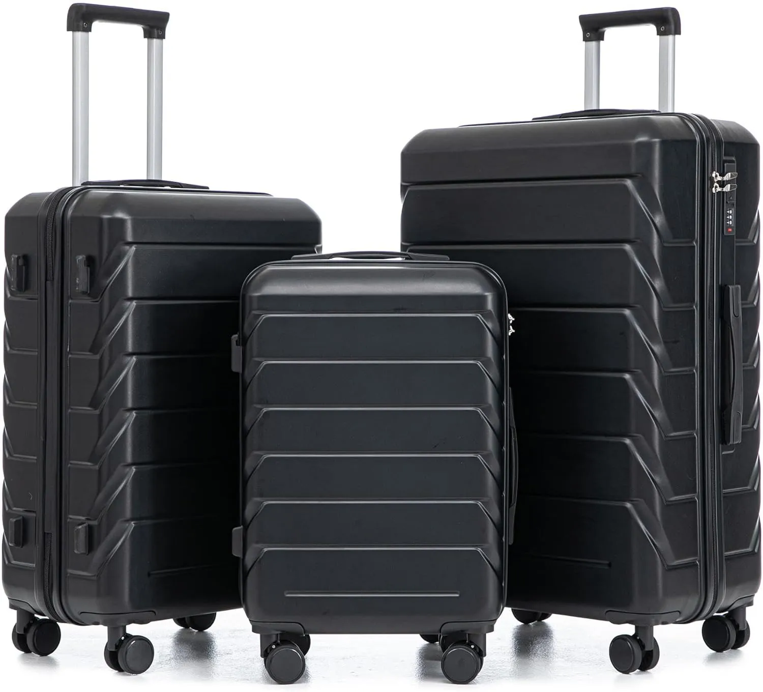 Merax 3 Luggage Sets, ABS Durable Lightweight Suitcase Spinner Wheels with Combination Lock, Black Horizontal Stripe, 20/24/28 Inch