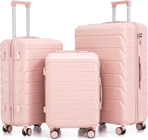 Merax 3 Luggage Sets, ABS Hardshell Suitcase Durable Lightweight with Combination Lock, Pink Horizontal Stripe, 20/24/28 Inch