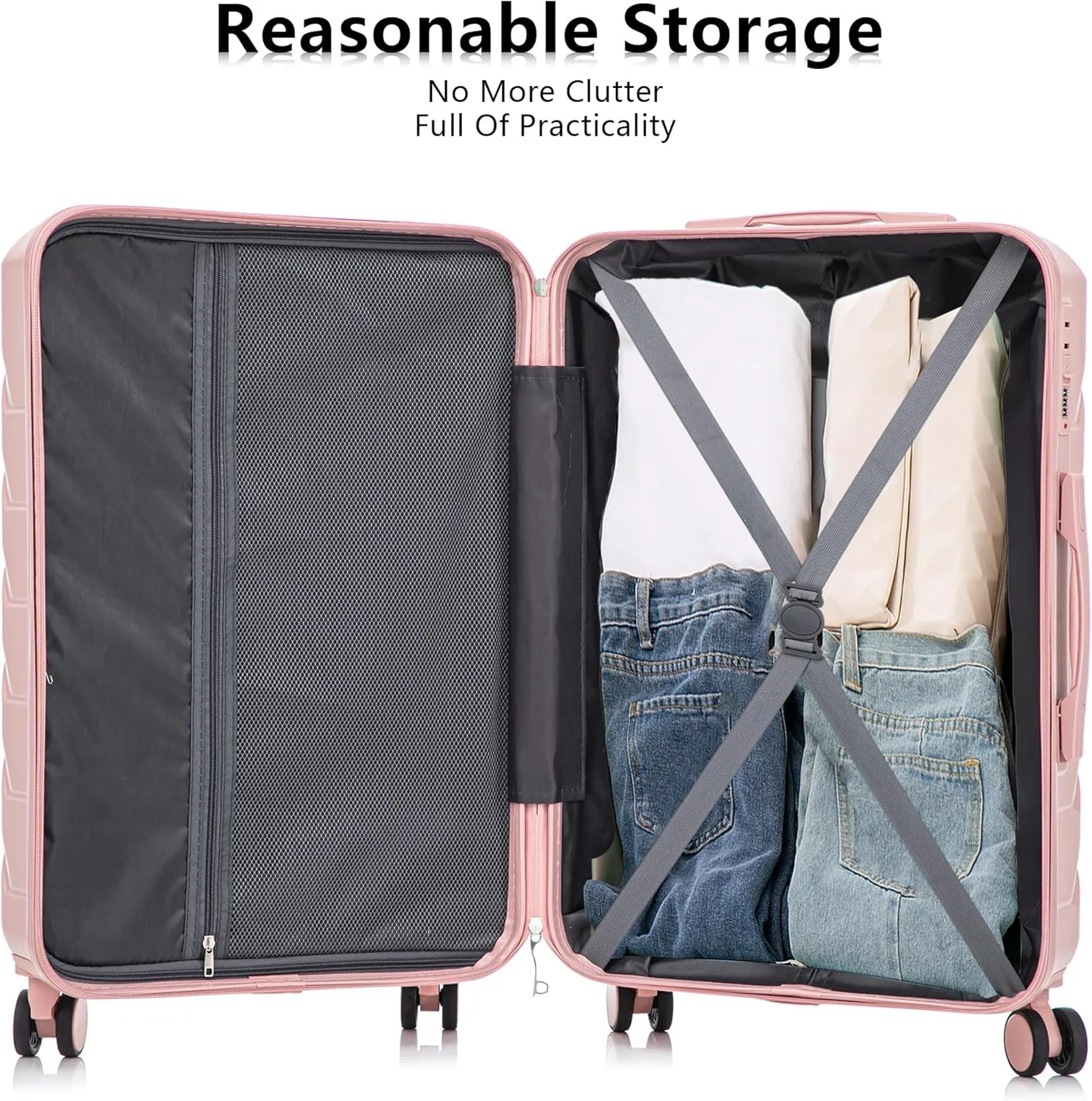 Merax 3 Luggage Sets, ABS Hardshell Suitcase Durable Lightweight with Combination Lock, Pink Horizontal Stripe, 20/24/28 Inch