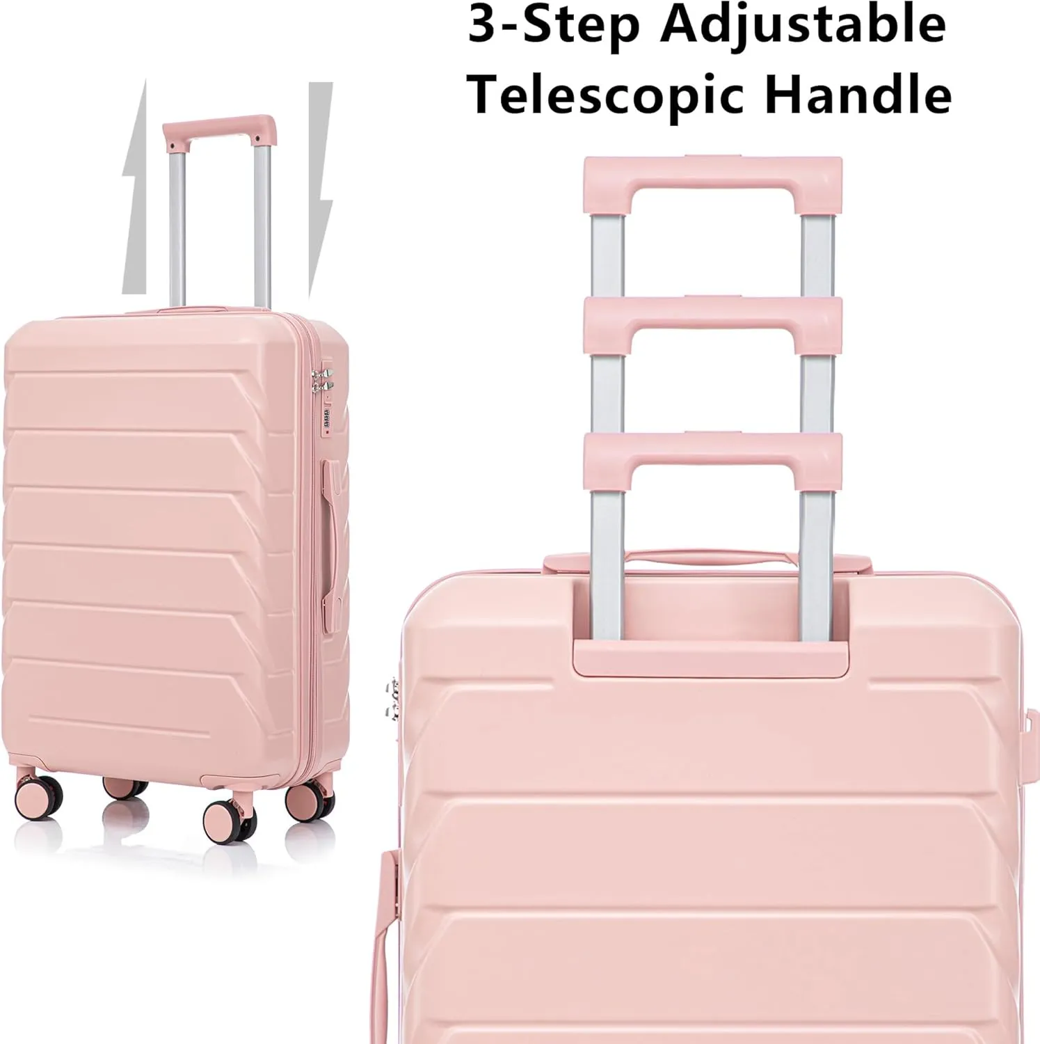 Merax 3 Luggage Sets, ABS Hardshell Suitcase Durable Lightweight with Combination Lock, Pink Horizontal Stripe, 20/24/28 Inch