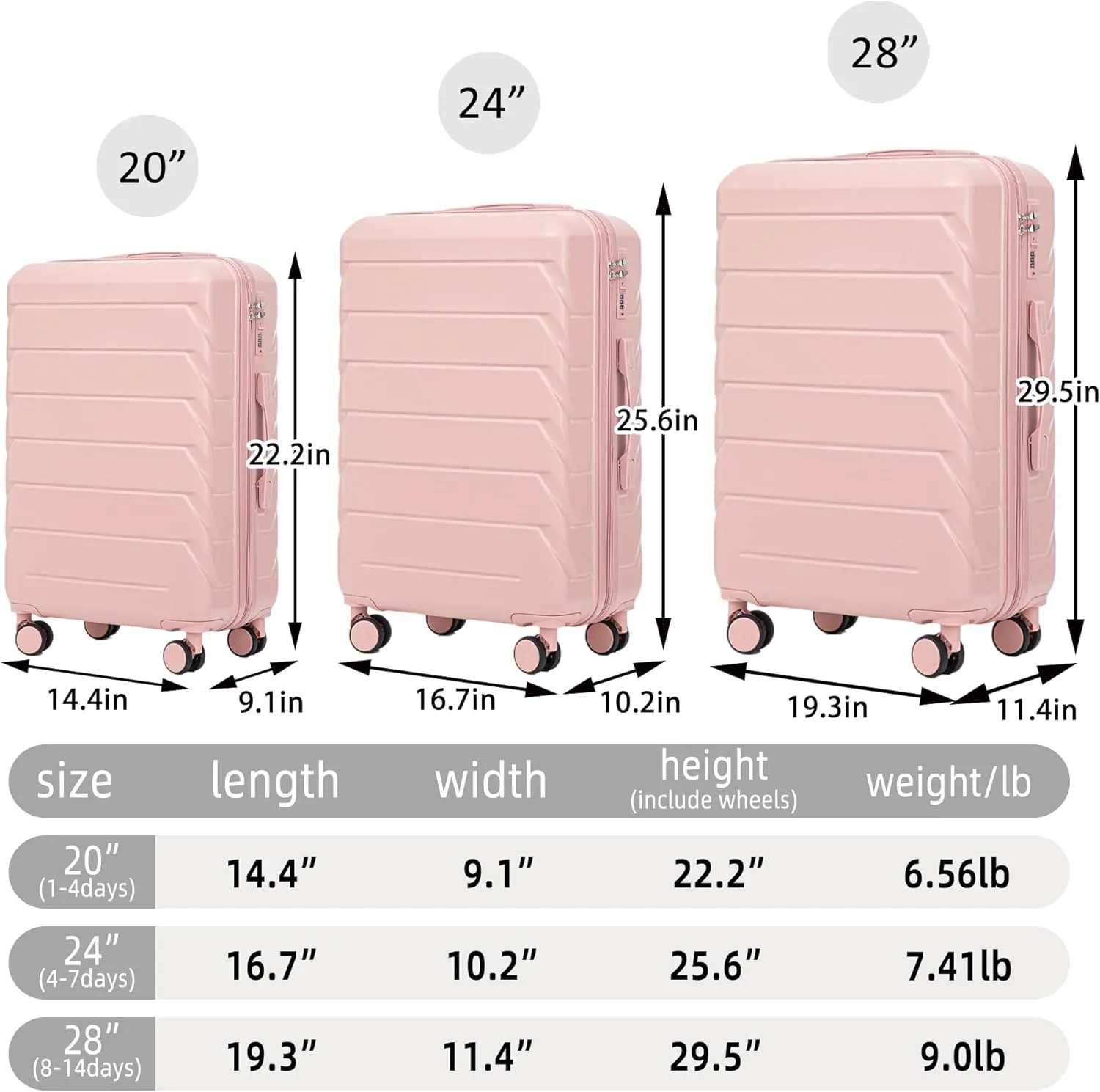 Merax 3 Luggage Sets, ABS Hardshell Suitcase Durable Lightweight with Combination Lock, Pink Horizontal Stripe, 20/24/28 Inch