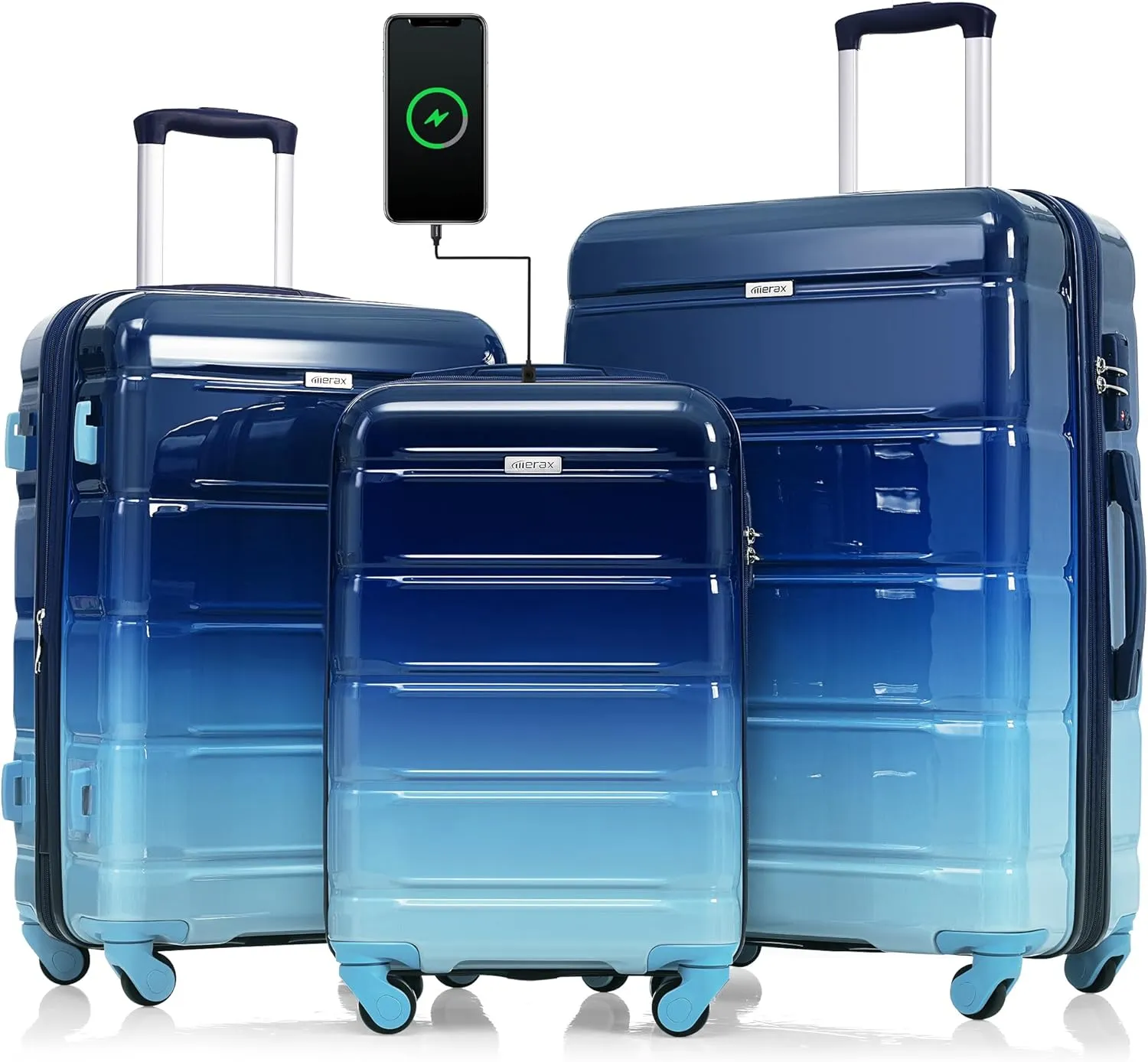Merax 3 Luggage Sets, ABS Hardshell Suitcase Spinner Wheels with USB Port, Blue and Navy, 20/24/28 Inch